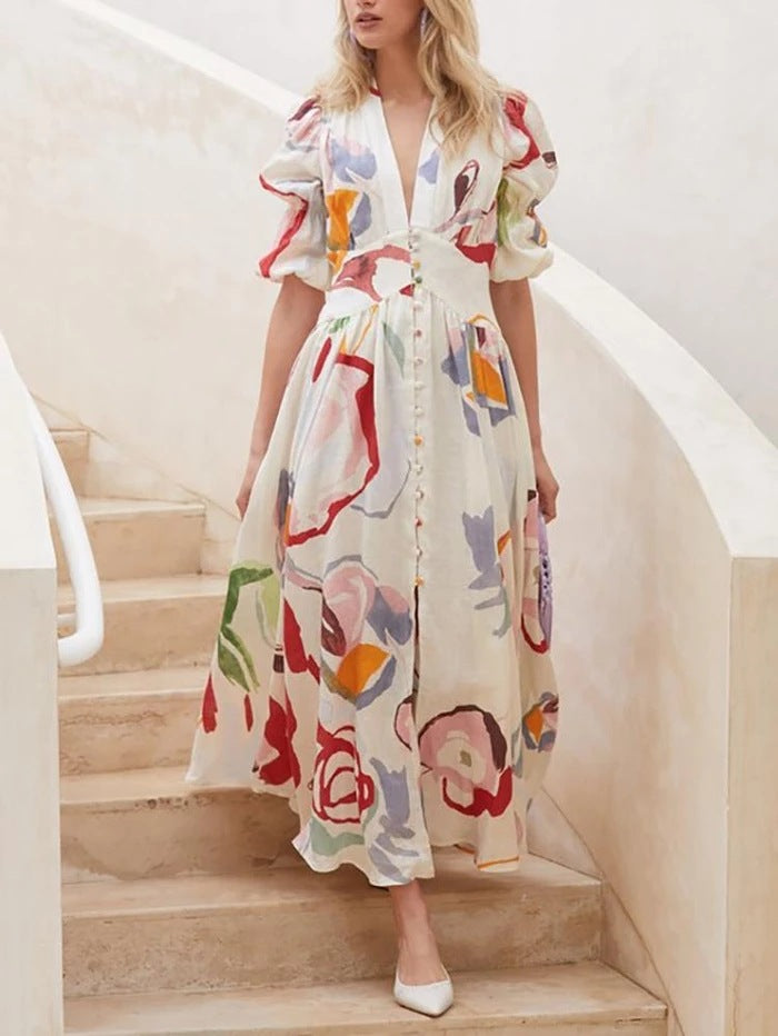 Women’s Summer V Neck Button Front Printed Short Sleeve Dress