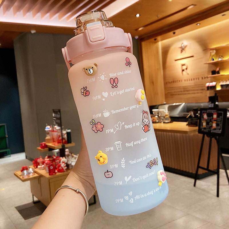 2000ml Cute Water Bottle with Straw & Stickers – Portable Scale Bottle