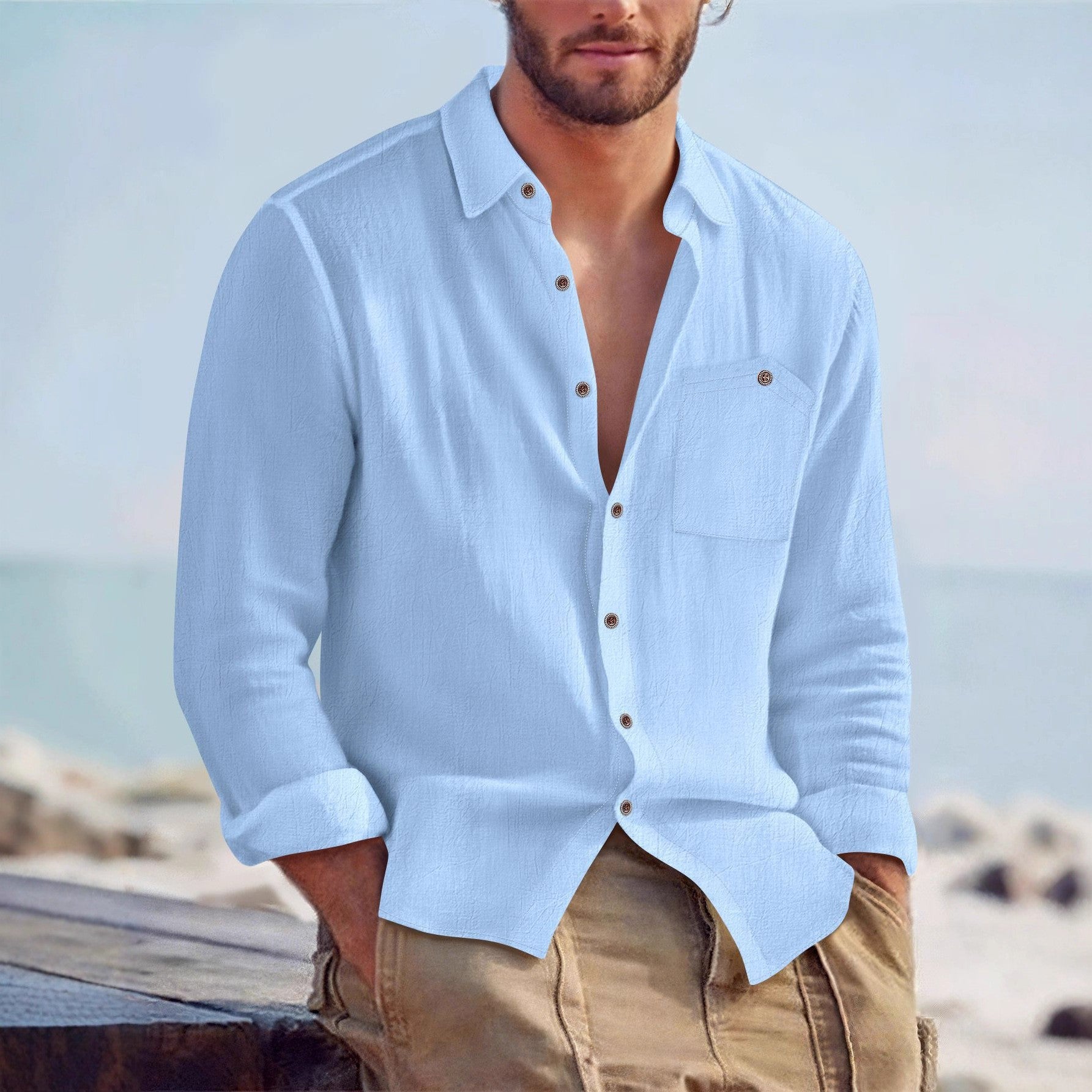 Men’s Linen Loose Fit Solid Color Lapel Shirt