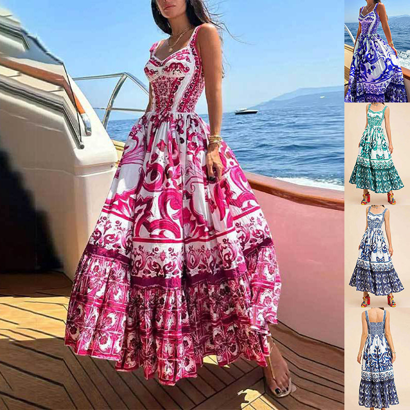 Women’s Printed Sleeveless Spaghetti Waist Dress Large Hem Fashion