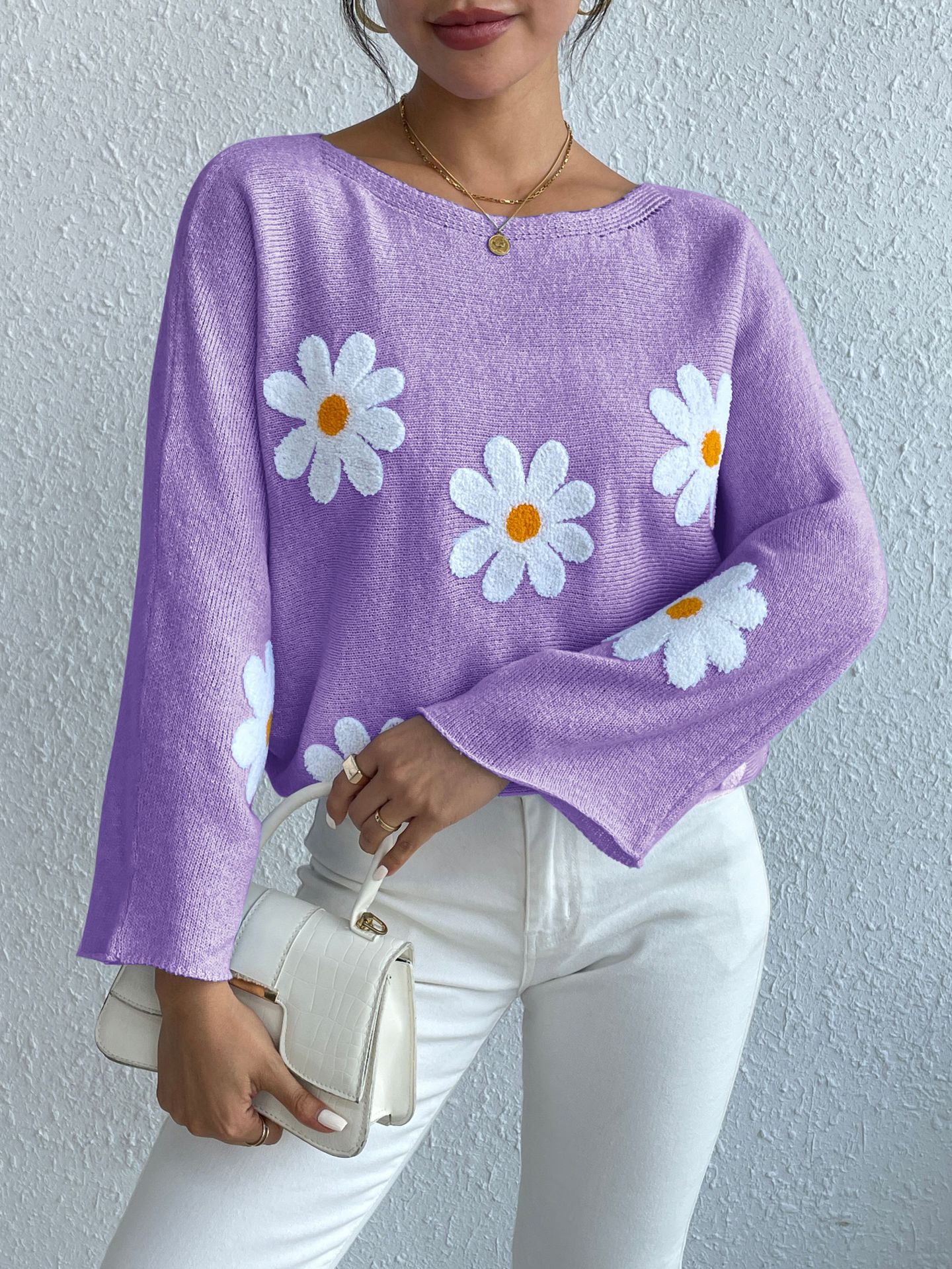 Women’s Loose Batwing Sleeve Embroidered One-Shoulder Sweater