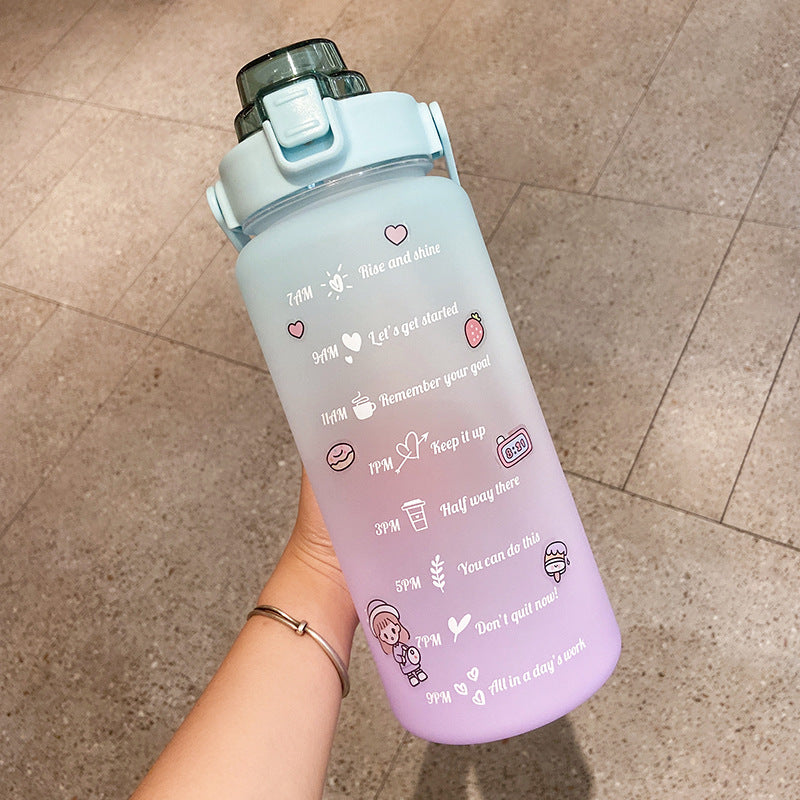 2000ml Cute Water Bottle with Straw & Stickers – Portable Scale Bottle