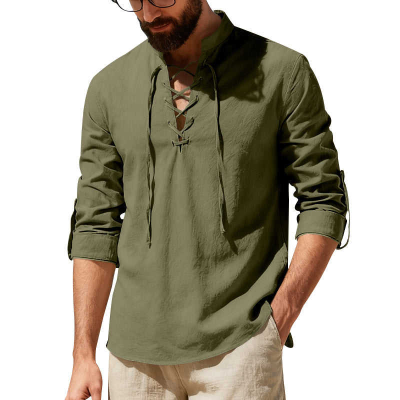 Men's Casual Long Sleeve Linen Henley Shirt
