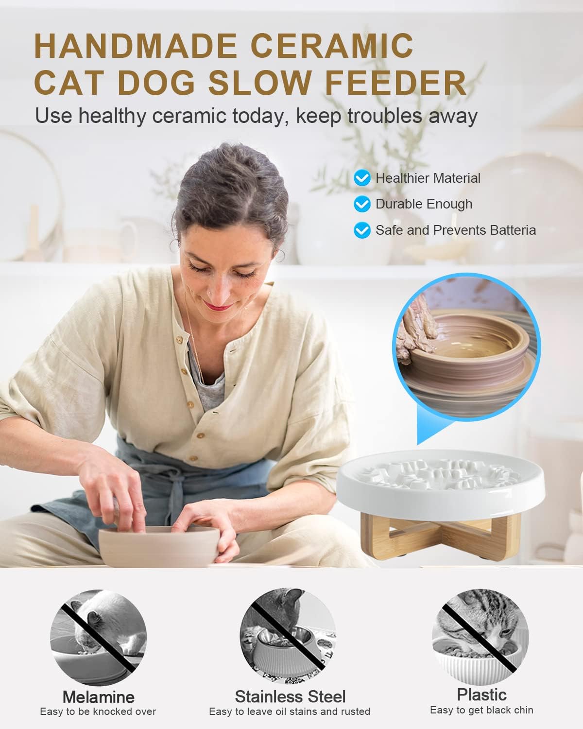 Ceramic Slow Feed Pet Bowl for Cats & Small Dogs Healthy Eating