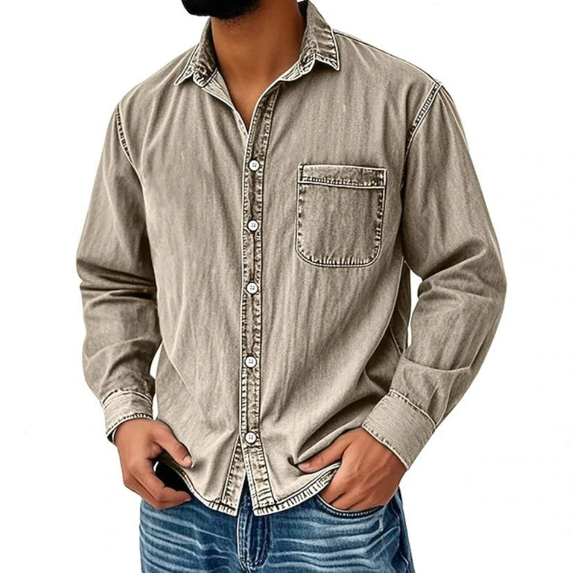 Men’s Washed Denim Long Sleeve Casual Shirt