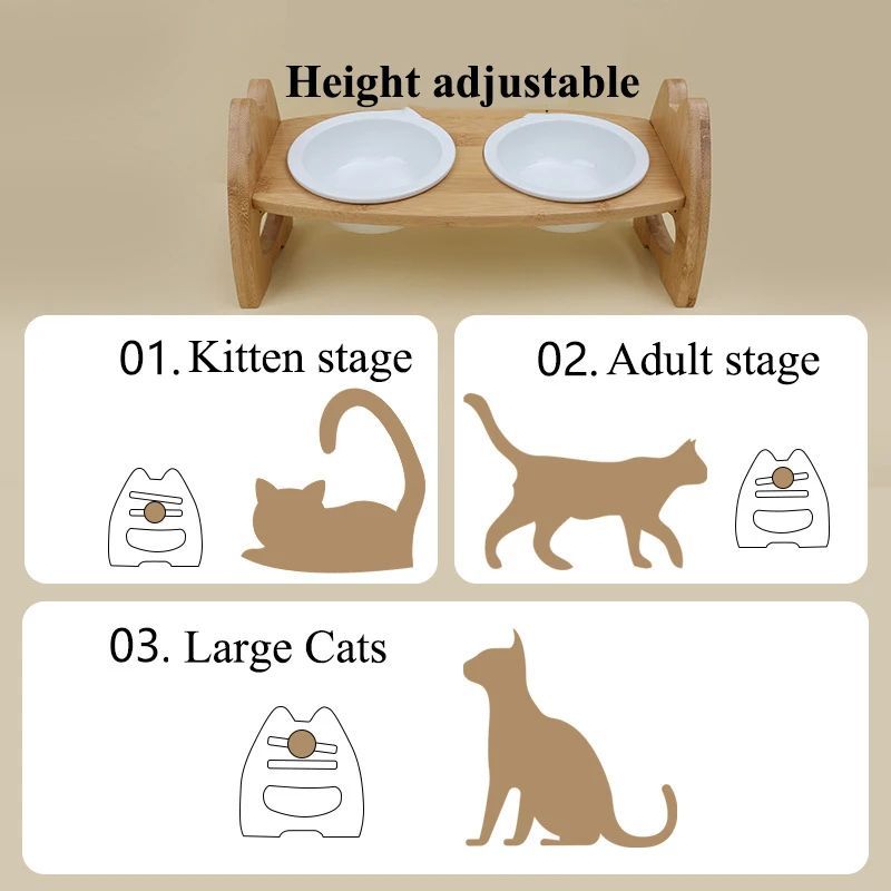 Ceramic Double Pet Bowl with Wooden Stand Adjustable Height for Dogs & Cats