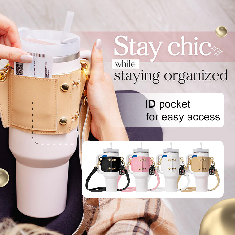 PU Leather Water Bottle Handle & Shoulder Strap – 30–40oz Tumbler Sling Accessory