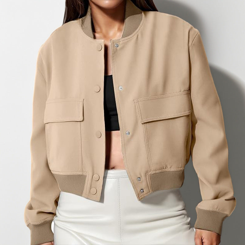 Women’s Casual Stand Collar Button Jacket with Large Pockets