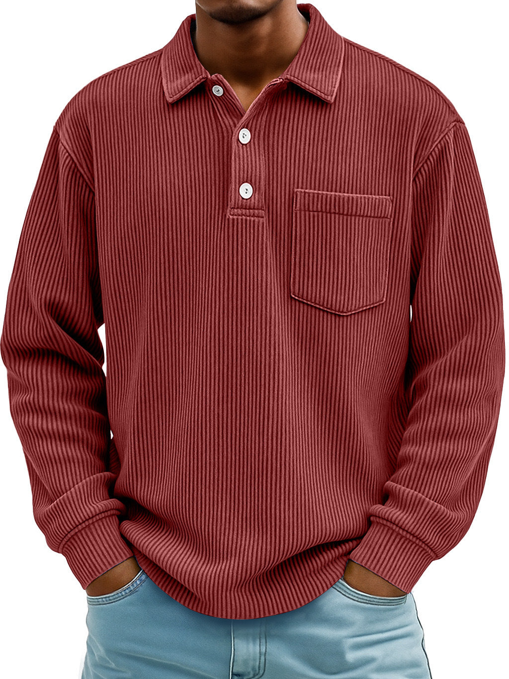 Men's Corduroy Striped Long Sleeve Polo Shirt