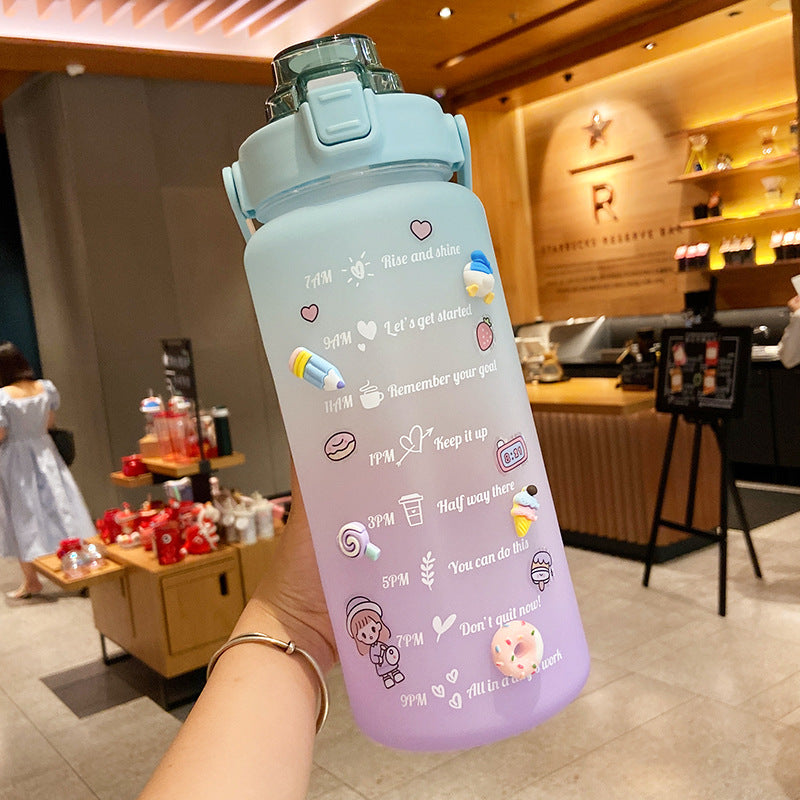 2000ml Cute Water Bottle with Straw & Stickers – Portable Scale Bottle