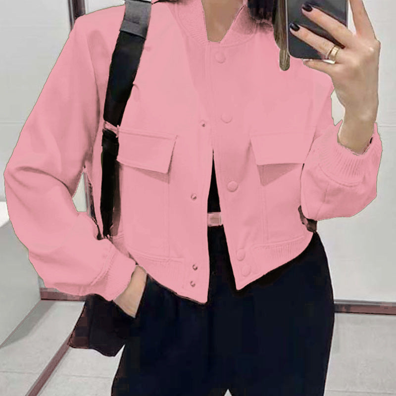 Women’s Casual Stand Collar Button Jacket with Large Pockets