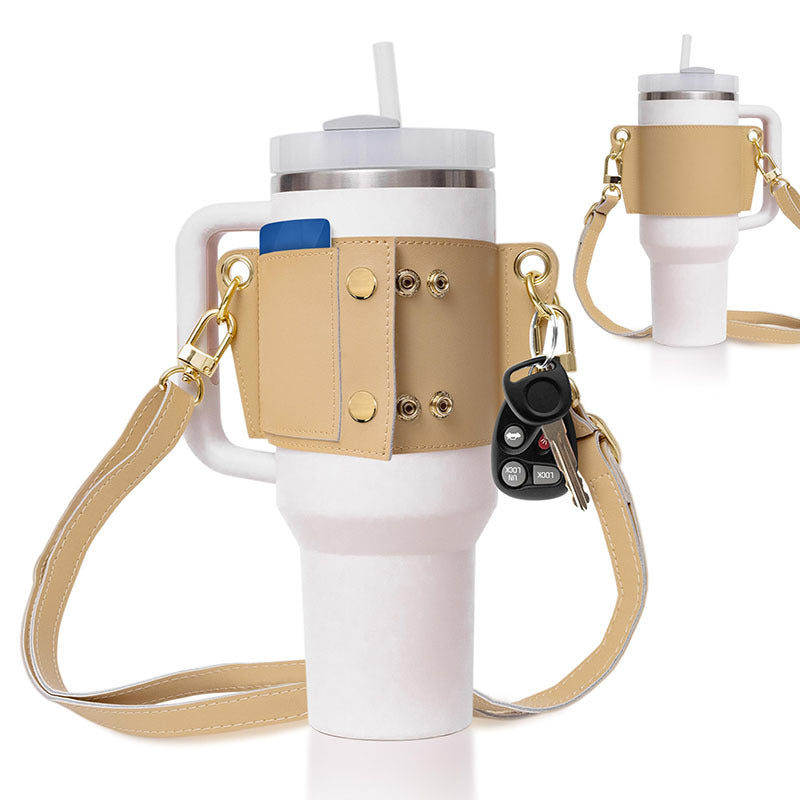 PU Leather Water Bottle Handle & Shoulder Strap – 30–40oz Tumbler Sling Accessory