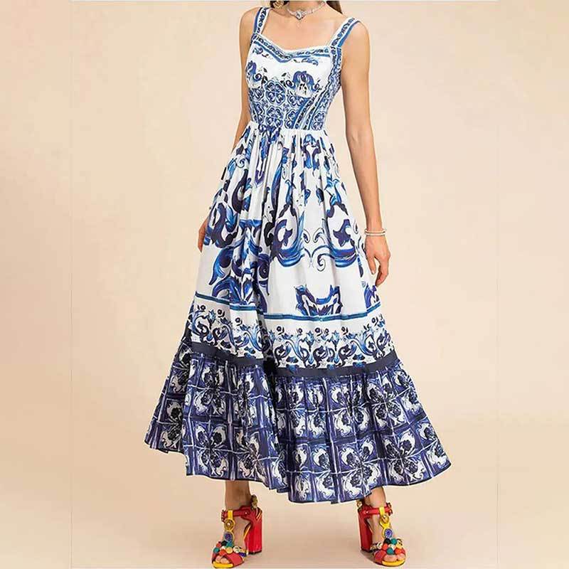 Women’s Printed Sleeveless Spaghetti Waist Dress Large Hem Fashion