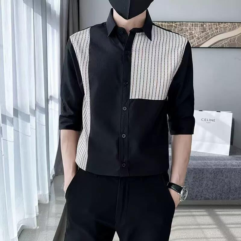 Men's Slim Fit Patchwork Striped Casual Shirt