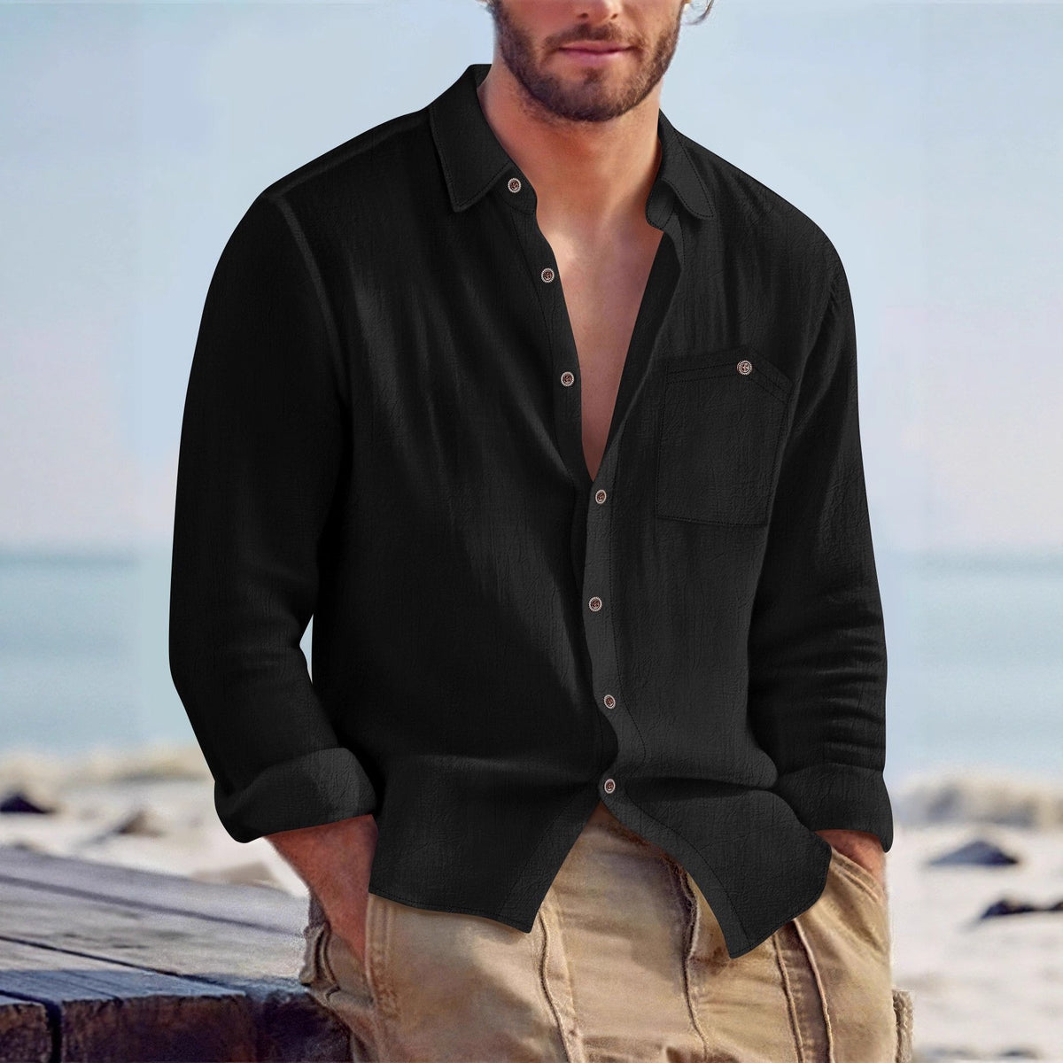Men’s Linen Loose Fit Solid Color Lapel Shirt