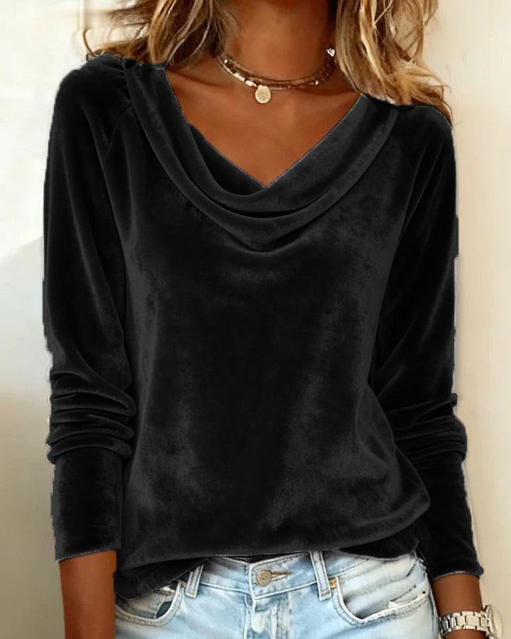 Women’s Elegant Velvet Long Sleeve Blouse Loose Solid Color Top