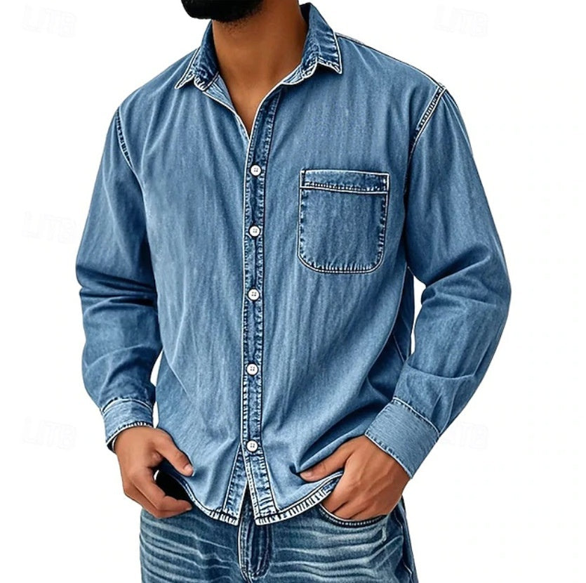 Men’s Washed Denim Long Sleeve Casual Shirt