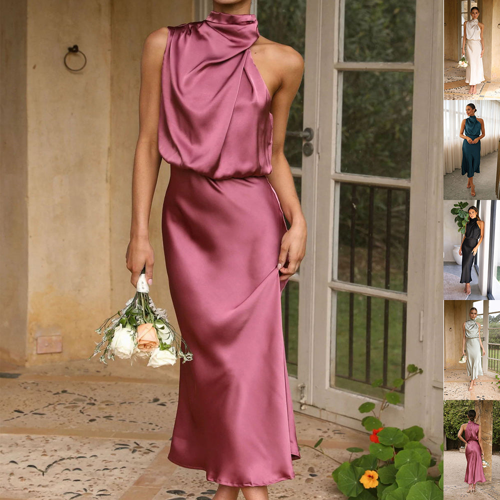 Women’s Sleeveless Halter Neck Summer Evening Dress Elegant Style