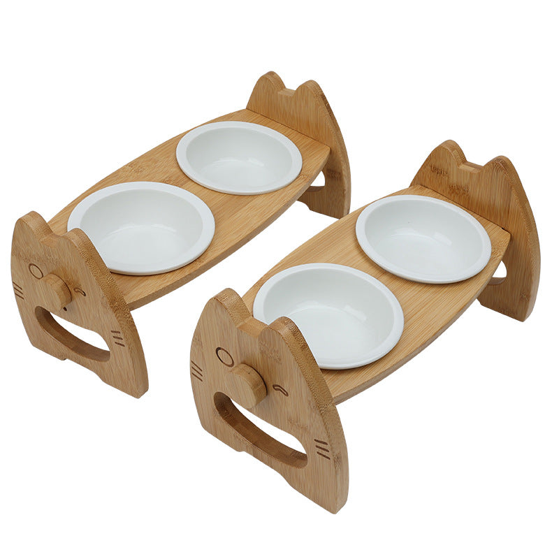 Ceramic Double Pet Bowl with Wooden Stand Adjustable Height for Dogs & Cats