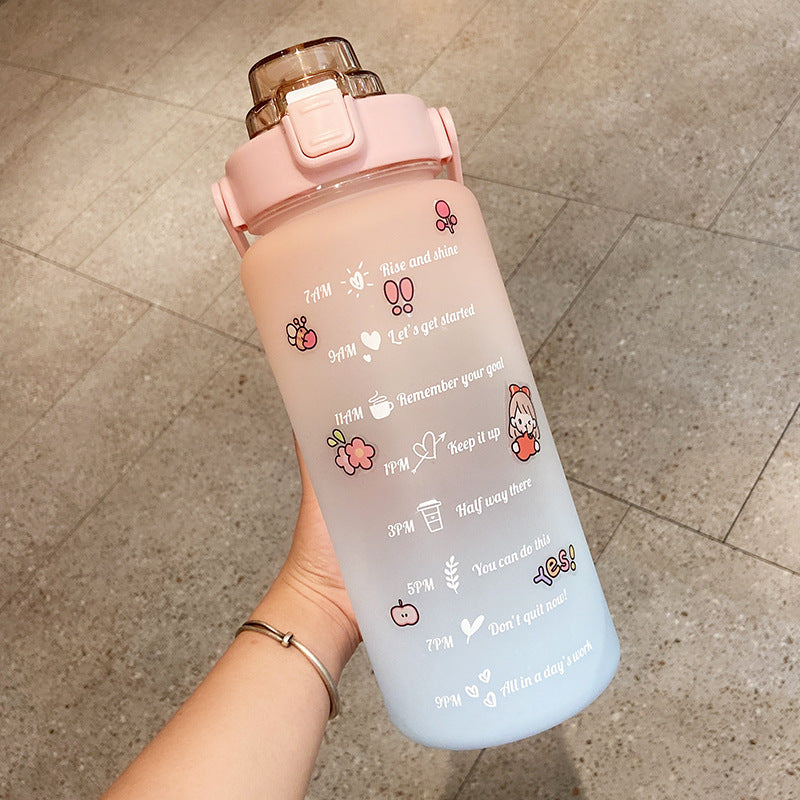 2000ml Cute Water Bottle with Straw & Stickers – Portable Scale Bottle