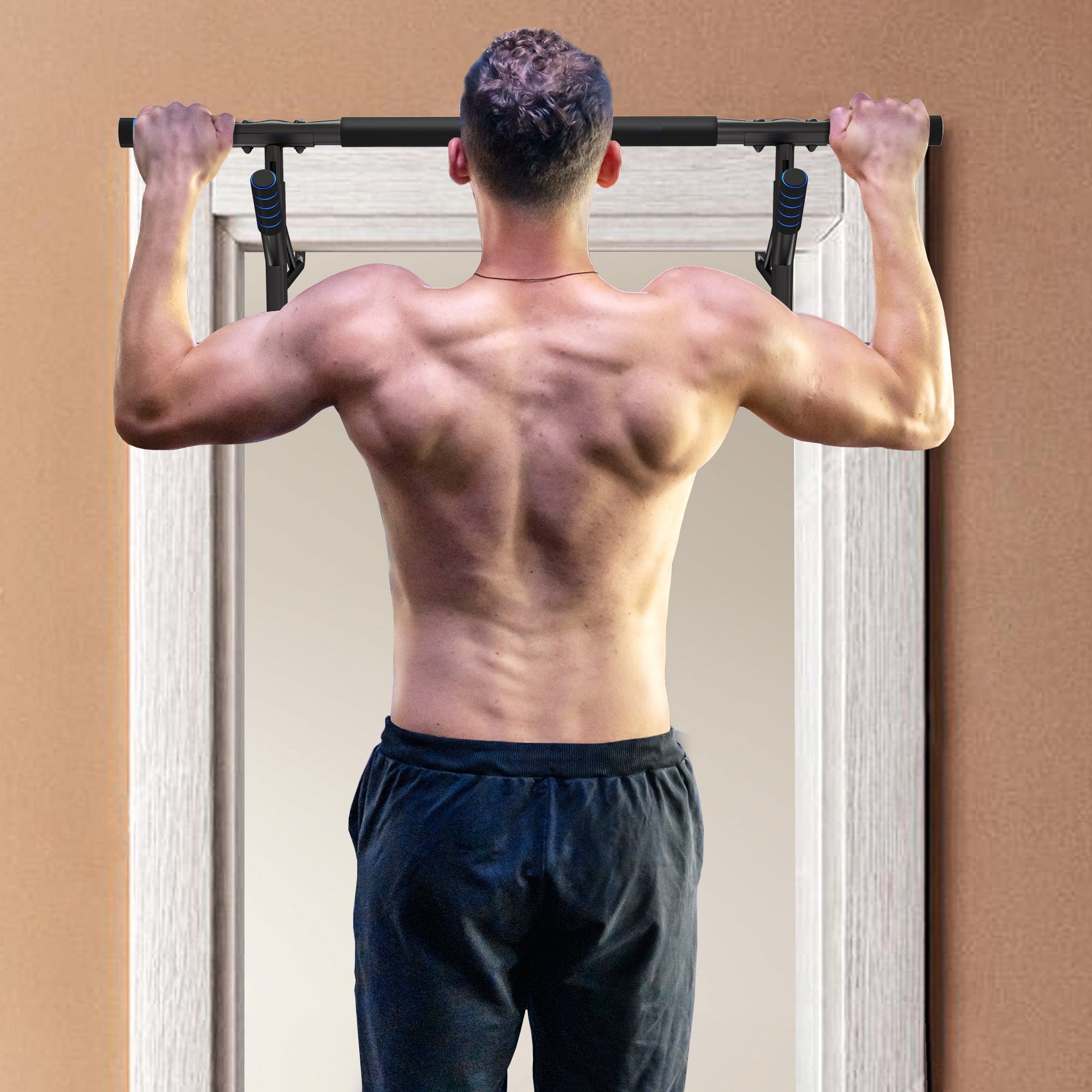 SPORTNOW No-Drill Pull-Up Bar & Push-Up Stand with Resistance Bands – Padded Handles, Blue