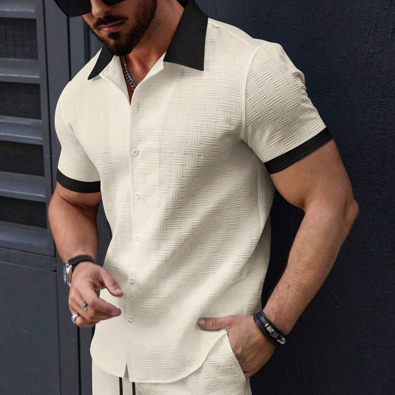 Men's Jacquard Color lock Short Sleeve Casual Shirt