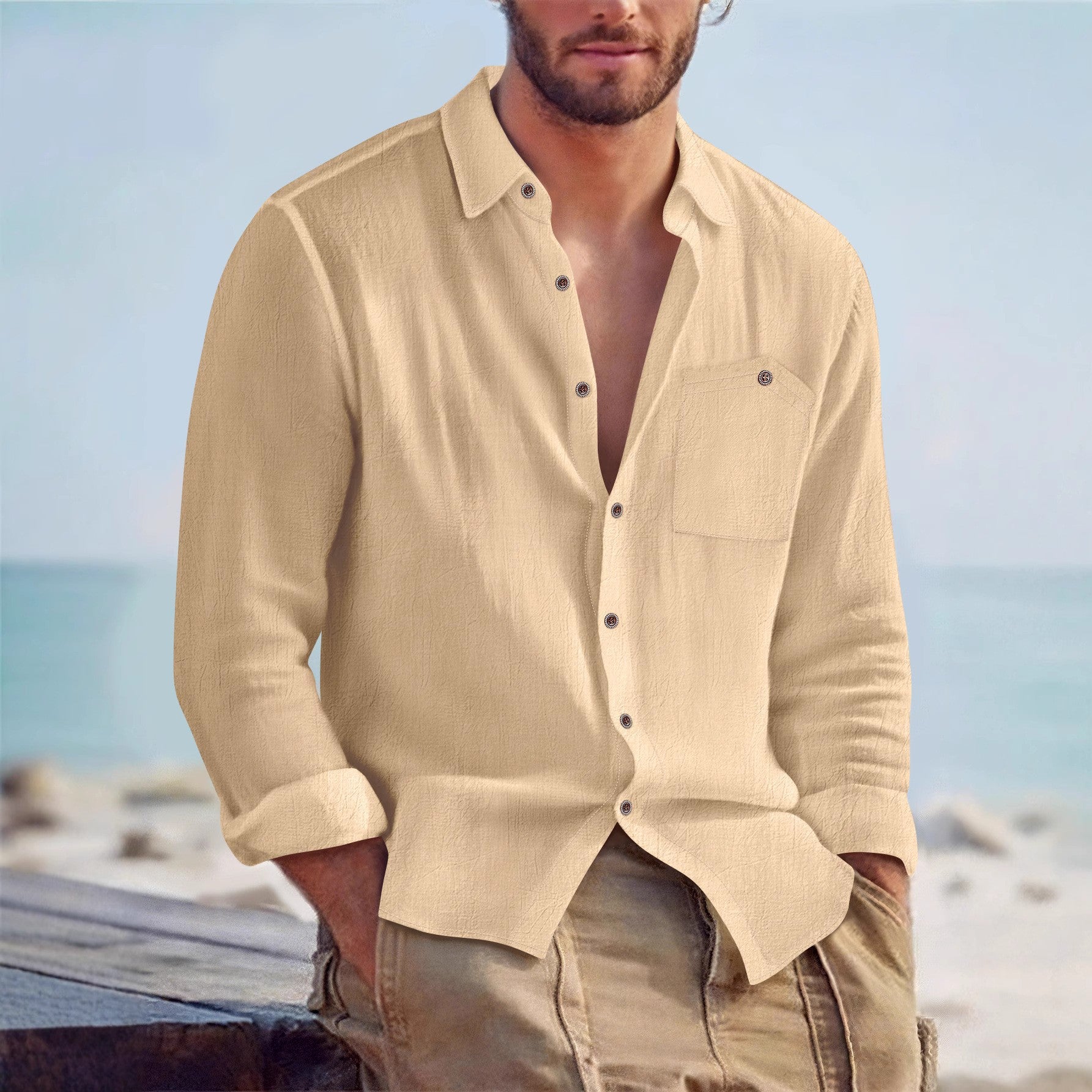 Men’s Linen Loose Fit Solid Color Lapel Shirt
