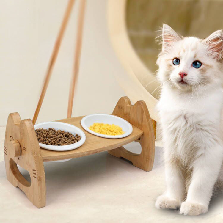 Ceramic Double Pet Bowl with Wooden Stand Adjustable Height for Dogs & Cats