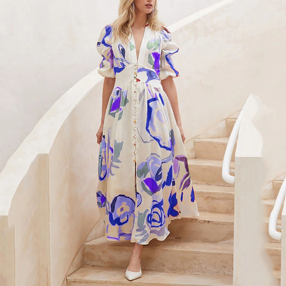 Women’s Summer V Neck Button Front Printed Short Sleeve Dress