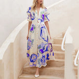 Women’s Summer V Neck Button Front Printed Short Sleeve Dress