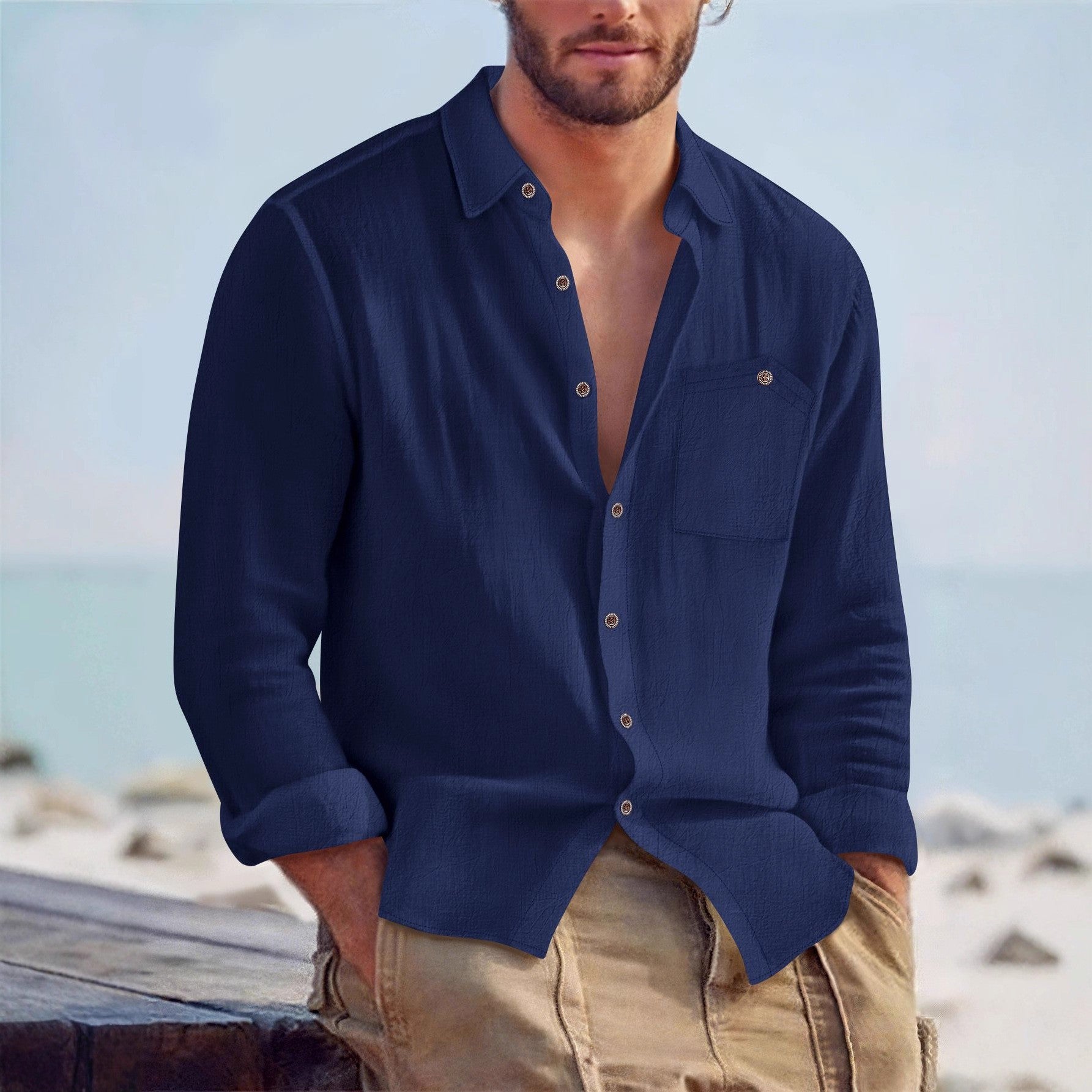 Men’s Linen Loose Fit Solid Color Lapel Shirt