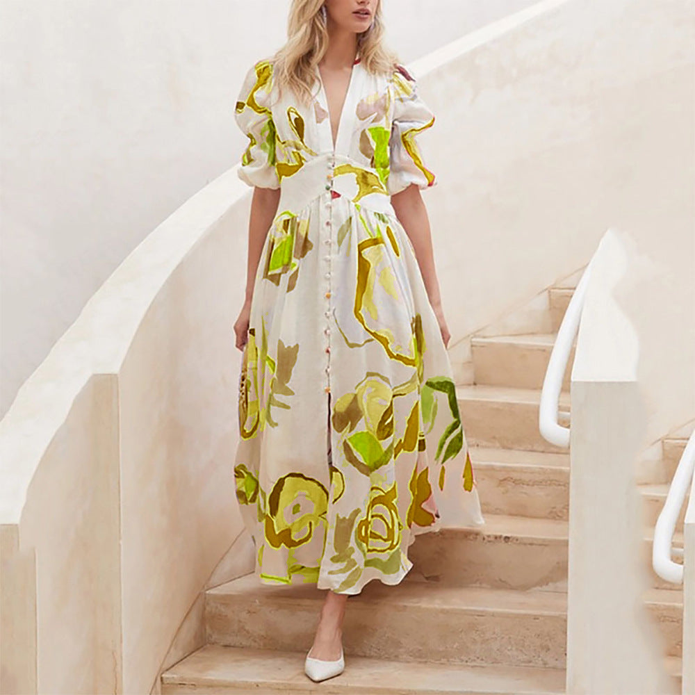 Women’s Summer V Neck Button Front Printed Short Sleeve Dress