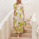 Women’s Summer V Neck Button Front Printed Short Sleeve Dress