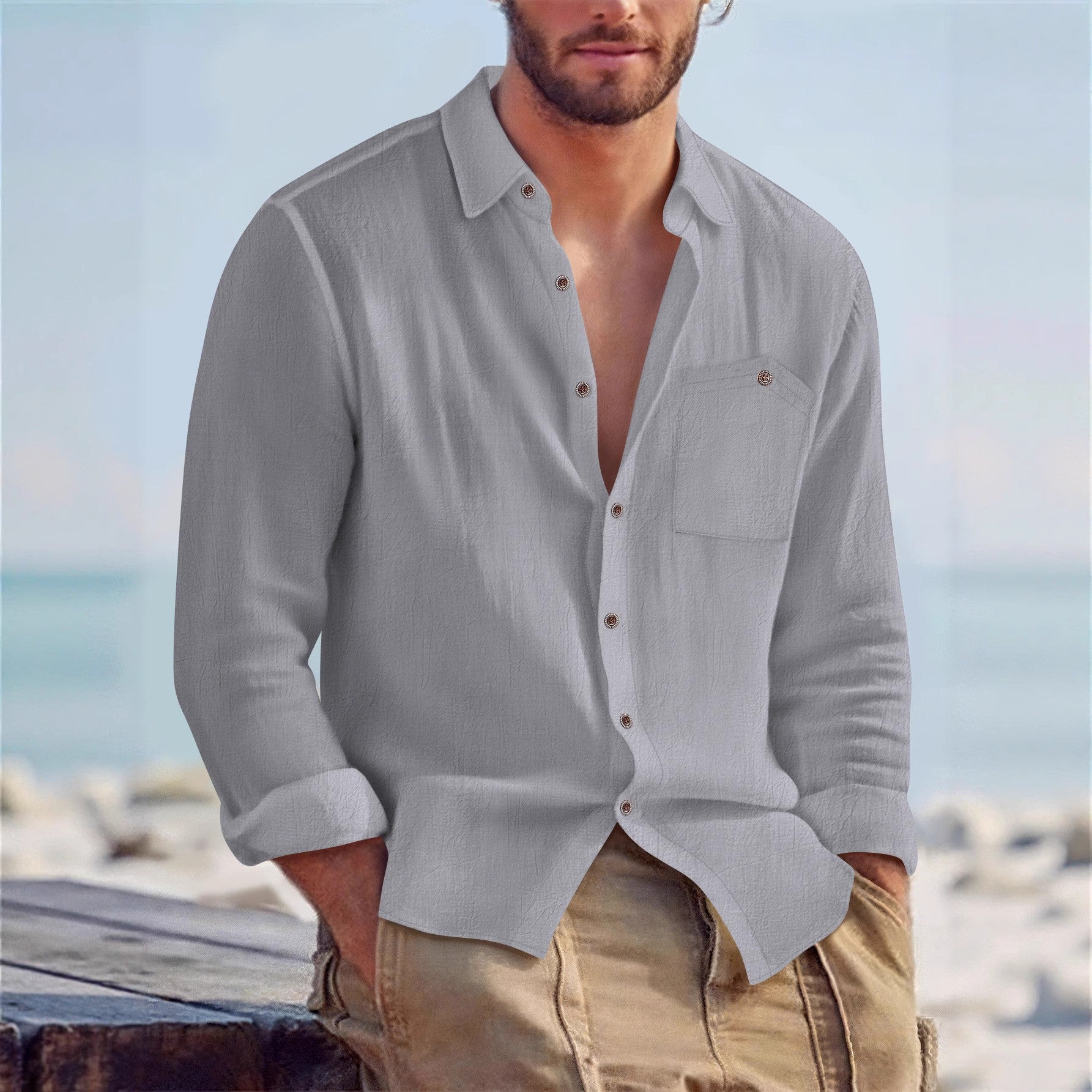 Men’s Linen Loose Fit Solid Color Lapel Shirt