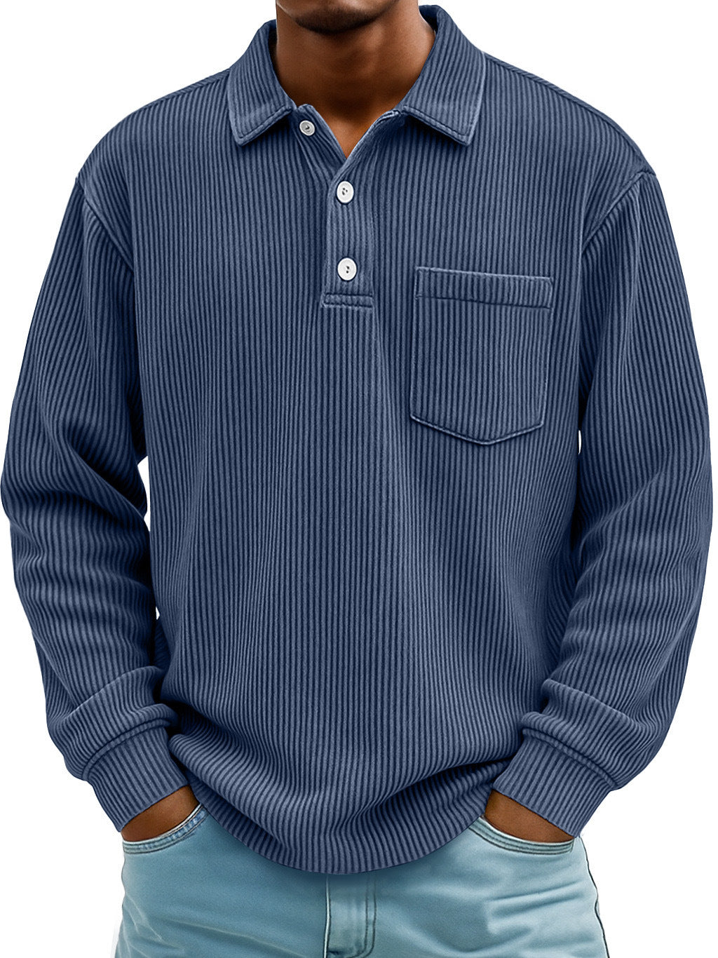 Men's Corduroy Striped Long Sleeve Polo Shirt