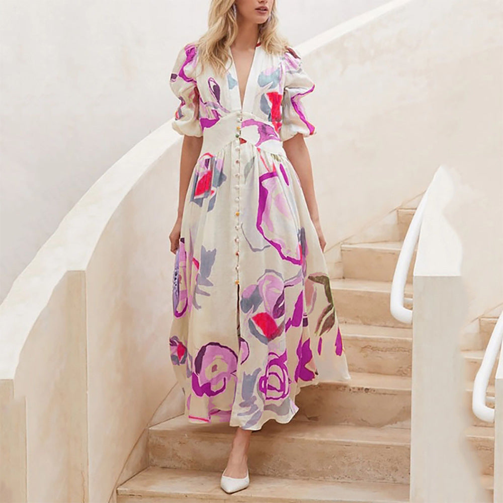 Women’s Summer V Neck Button Front Printed Short Sleeve Dress