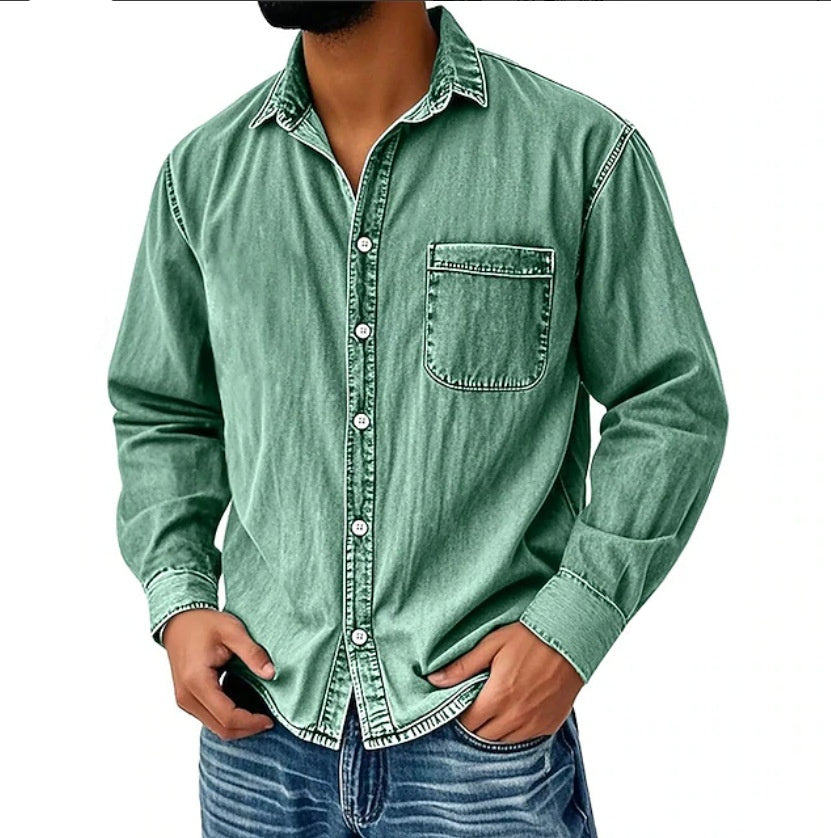 Men’s Washed Denim Long Sleeve Casual Shirt