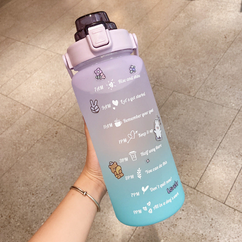 2000ml Cute Water Bottle with Straw & Stickers – Portable Scale Bottle