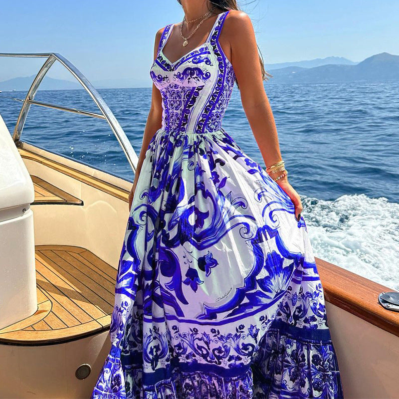 Women’s Printed Sleeveless Spaghetti Waist Dress Large Hem Fashion