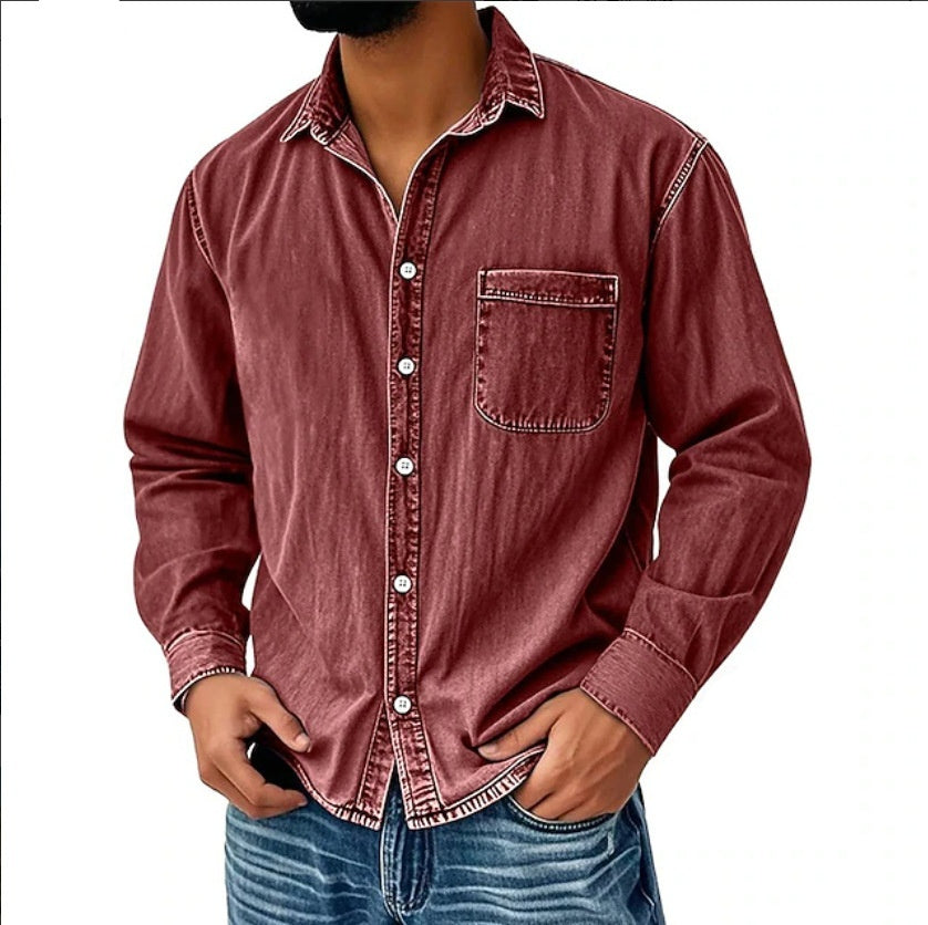 Men’s Washed Denim Long Sleeve Casual Shirt