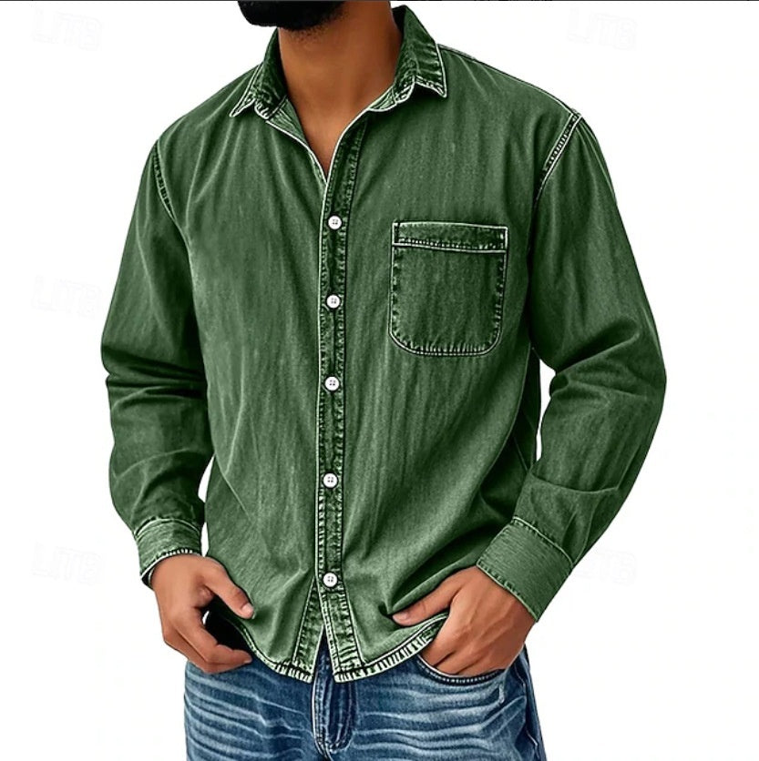 Men’s Washed Denim Long Sleeve Casual Shirt