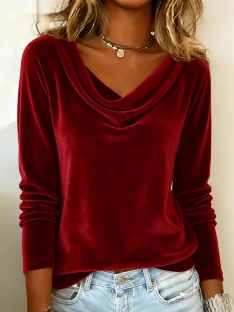 Women’s Elegant Velvet Long Sleeve Blouse Loose Solid Color Top