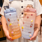 2000ml Cute Water Bottle with Straw & Stickers – Portable Scale Bottle