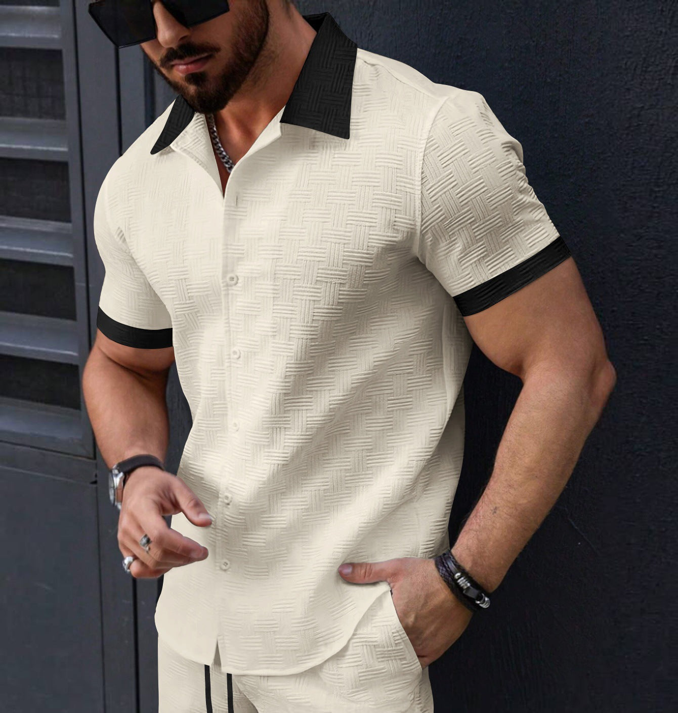 Men's Jacquard Color lock Short Sleeve Casual Shirt