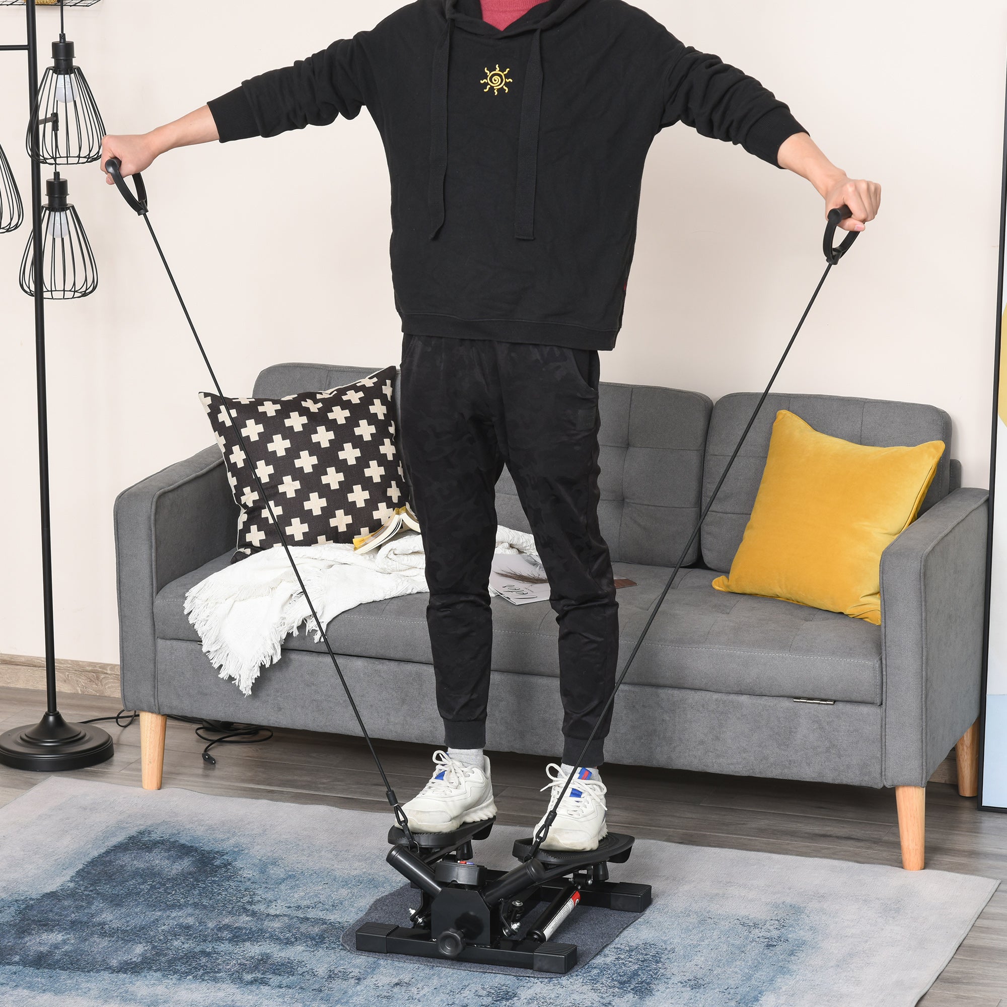 Portable Mini Stepper with Resistance Bands & Floor Mat – Leg, Arm & Thigh Toning Machine, Black