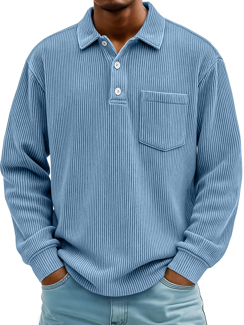Men's Corduroy Striped Long Sleeve Polo Shirt