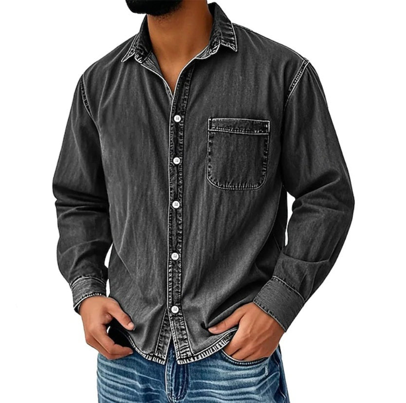 Men’s Washed Denim Long Sleeve Casual Shirt