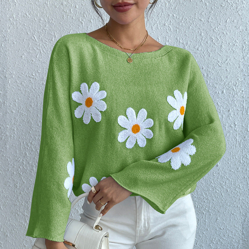Women’s Loose Batwing Sleeve Embroidered One-Shoulder Sweater