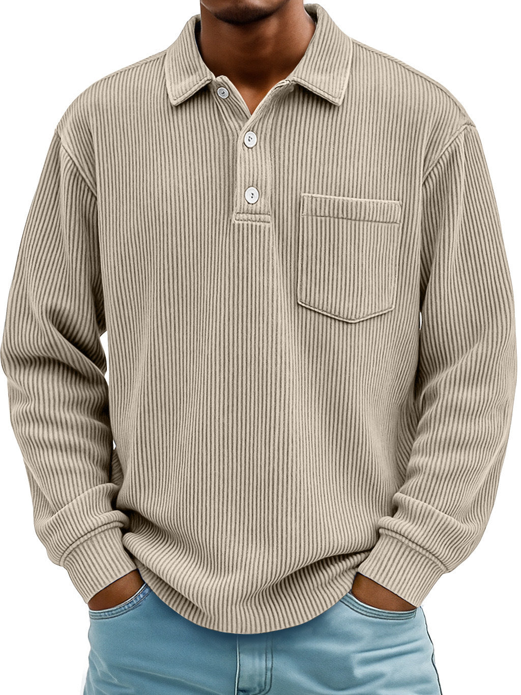 Men's Corduroy Striped Long Sleeve Polo Shirt