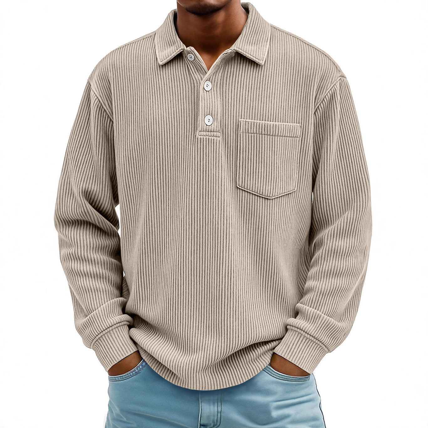 Men's Corduroy Striped Long Sleeve Polo Shirt